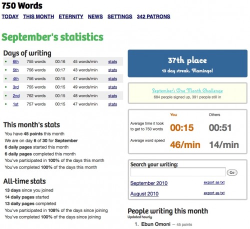 750words.com - My stats for September